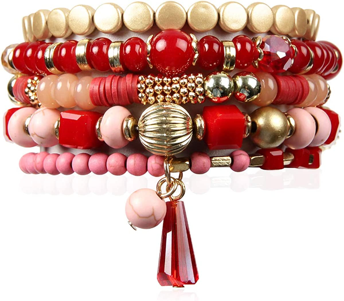 Bohemian Mix Bead Multi Layer Versatile Statement Bracelets - Stackable Beaded Strand Stretch Bangles Sparkly Crystal, Tassel Charm Apparel & Accessories > Jewelry > Bracelets RIAH FASHION Burgundy