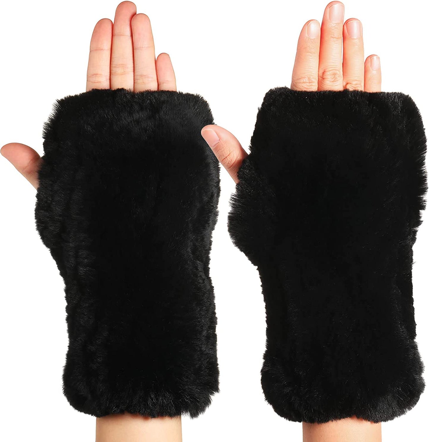 Fingerless Fur Gloves Smooth Faux Rabbit Furry Gloves Winter Warm Knitted Gloves for Women Girls Apparel & Accessories > Clothing Accessories > Gloves & Mittens Geyoga Black