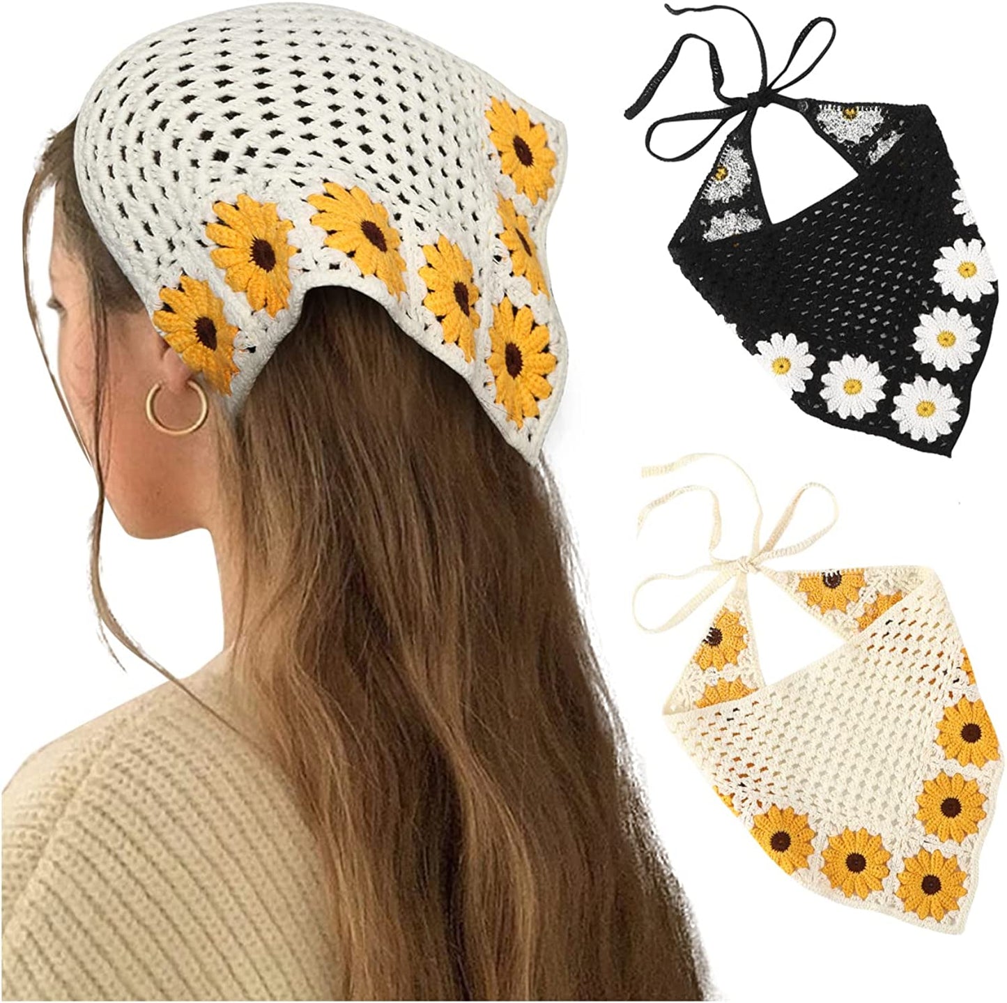 Floral Crochet Hair Bandanas Headscarf- HAIMEIKANG 2 PCS Women Hair Scarf Daisy Headband Vintage Head Kerchief for Girls Apparel & Accessories > Clothing Accessories > Bandanas & Headties HAIMEIKANG Beige+Black