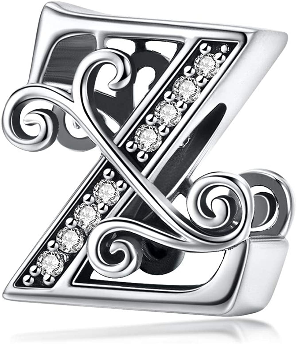 Solid 925 Sterling Silver with Cubic Stones, Complete A~Z Gift Options Alphabet Charm Letter Beads Fit Pandora European Bracelets Apparel & Accessories > Jewelry > Bracelets ABAOLALA ALPHABET Z