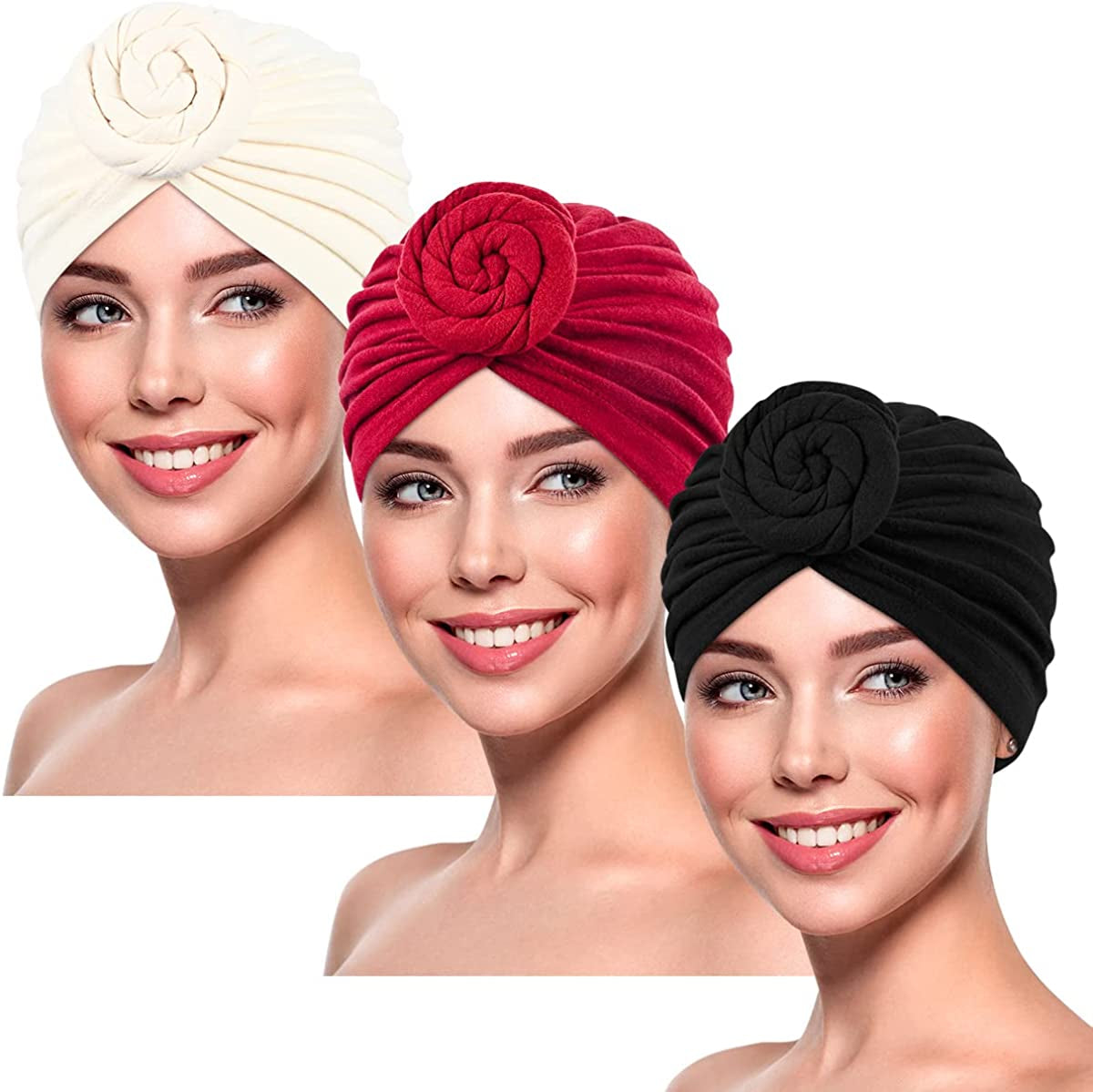 DANMY Women'S Beanie Turban Hats, Indian Hats Headscarves, Beanie Hats for Women,Turban for Women Apparel & Accessories > Clothing Accessories > Headwear DANMY Red Black Beige -3pcs