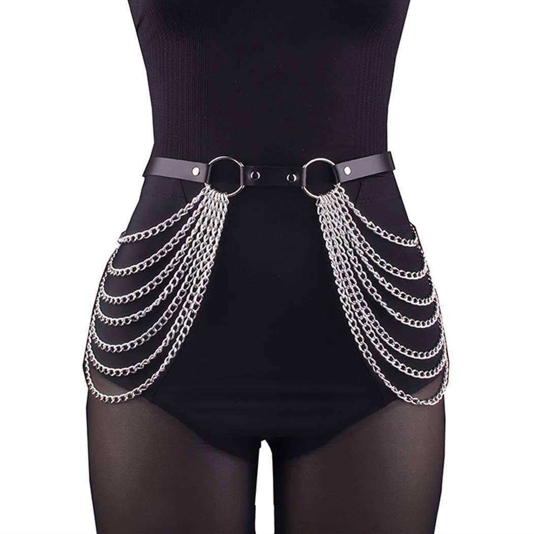 Reetan Punk Waist Chain Leather Layered Belly Body Chains Ring Belt Waist Chains Rave Party Body Jewelry Accessories for Women and Girls Apparel & Accessories > Jewelry > Body Jewelry REETAN