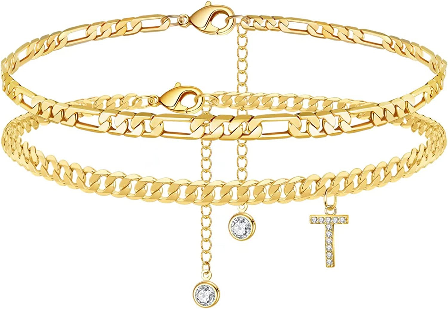 Initial Ankle Bracelets for Women, 14K Gold Plated Layered Initial Cubic Zirconia Ankle Bracelets Dainty Beach Letter Initial Anklet A-Z Gold Anklets for Women Teen Girls Foot Jewelry Gifts Apparel & Accessories > Jewelry > Anklets IEFSHINY T