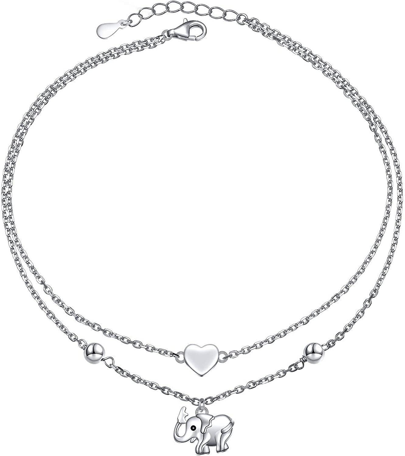 Flyow Anklet for Women S925 Sterling Silver Adjustable Foot Beaded Heart Charm Ankle Bracelet Anklets Jewelry Apparel & Accessories > Jewelry > Anklets FLYOW Elephant and heart