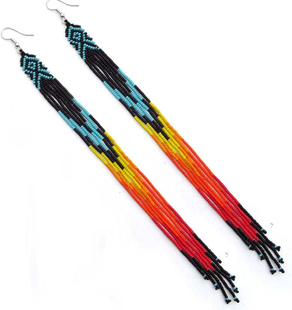 HANDMADE INDIAN FASHION JEWELRY BLACK FIRE COLOR GLASS SEED BEADS EARRINGS.EXTRA LONG E-53-SB-21 Apparel & Accessories > Jewelry > Earrings La vivia