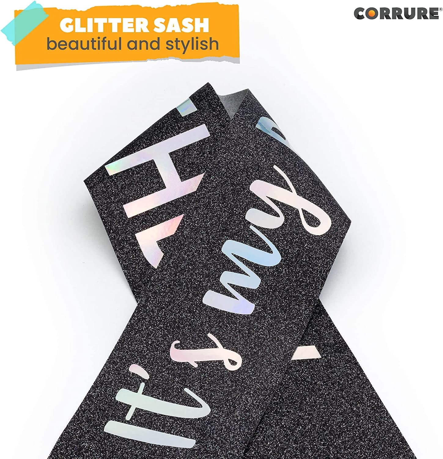 CORRURE 'It'S My Birthday' Sash Glitter with Multicolor Foil - Black Glitter Happy Birthday Sash for Women - Party Favors Supplies and Decorations for Sweet 16, 18Th 21St 30Th 40Th or Any Bday Party Apparel & Accessories > Clothing Accessories > Sashes CORRURE