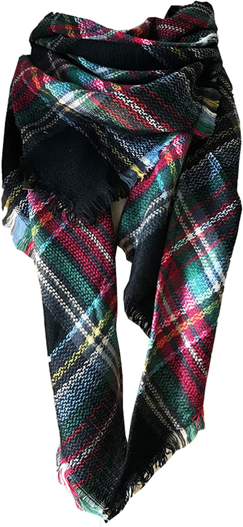 Wander Agio Womens Warm Long Shawl Winter Wraps Large Scarves Knit Cashmere Feel Plaid Triangle Scarf Apparel & Accessories > Clothing Accessories > Scarves & Shawls Wander Agio Black Green