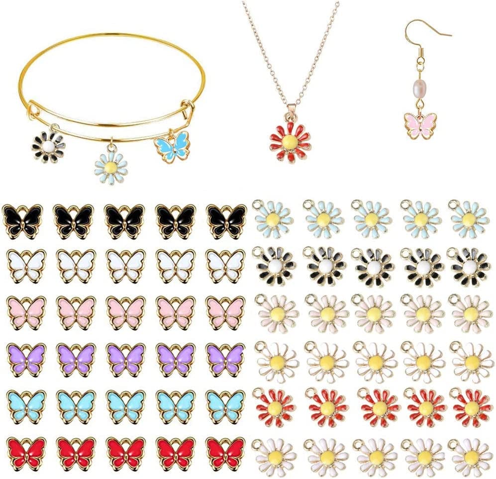 46Pcs Charms for Jewelry Making, Assorted Plated Enamel Women Makeup Pendant Lipstick Perfume Fashion Style Charm for DIY Necklace Bracelet Earring Crafting for Birthday Gift Butterfly and Daisy