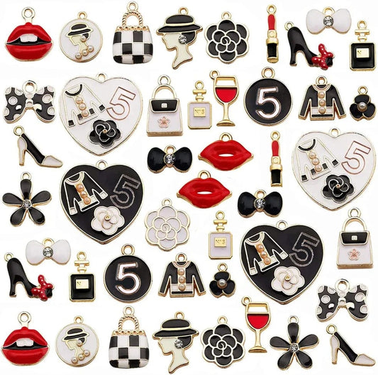 46Pcs Charms for Jewelry Making, Assorted Plated Enamel Women Makeup Pendant Lipstick Perfume Fashion Style Charm for DIY Necklace Bracelet Earring Crafting for Birthday Gift 46 PCS