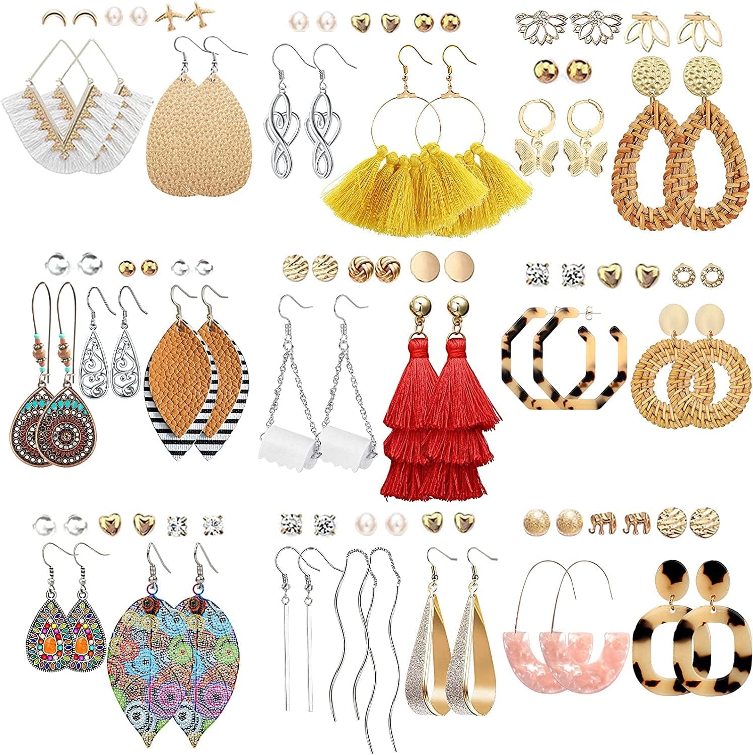 47 Pairs Fashion Earrings for Women Girls, Boho Statement Tassel Rattan Leather Earrings Butterfly Acrylic Hoop Stud Drop Dangle Earrings Set, Hypoallergenic for Sensitive Ears Apparel & Accessories > Jewelry > Earrings FIFATA