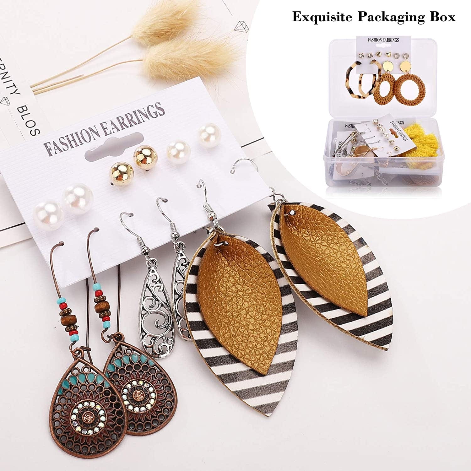 47 Pairs Fashion Earrings for Women Girls, Boho Statement Tassel Rattan Leather Earrings Butterfly Acrylic Hoop Stud Drop Dangle Earrings Set, Hypoallergenic for Sensitive Ears Apparel & Accessories > Jewelry > Earrings FIFATA