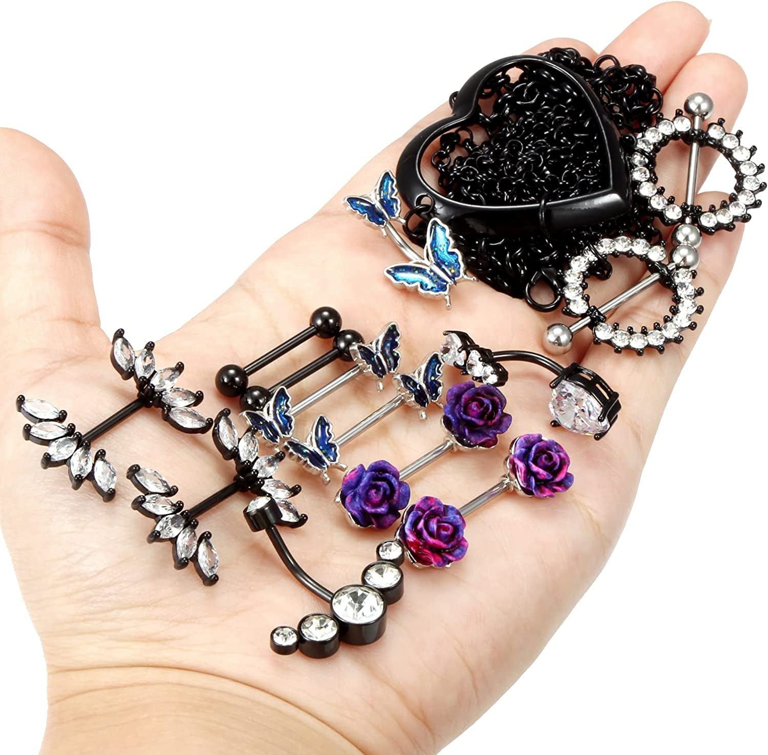 Pexveiuu 16Pcs Nipple Rings Chain and Belly Burron Ring for Women Surgical Steel Nipple Belly Navels Barbells Bar Piercing Apparel & Accessories > Jewelry > Body Jewelry Pexveiuu