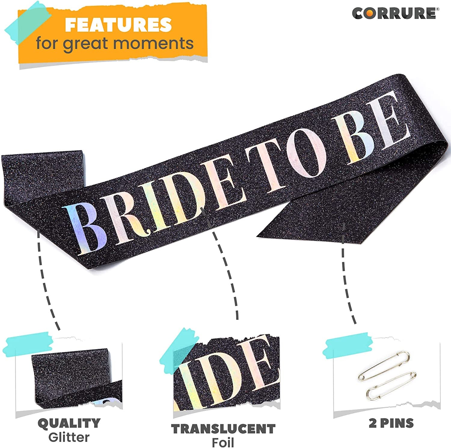 CORRURE 'Bride to Be' Sash for Bachelorette Party - Bridal Shower Black Glitter Sash with Multicolor Foil Lettering - Hen Party Decorations Supplies Accessories, Wedding Engagement Party Favors Gift Apparel & Accessories > Clothing Accessories > Sashes CORRURE