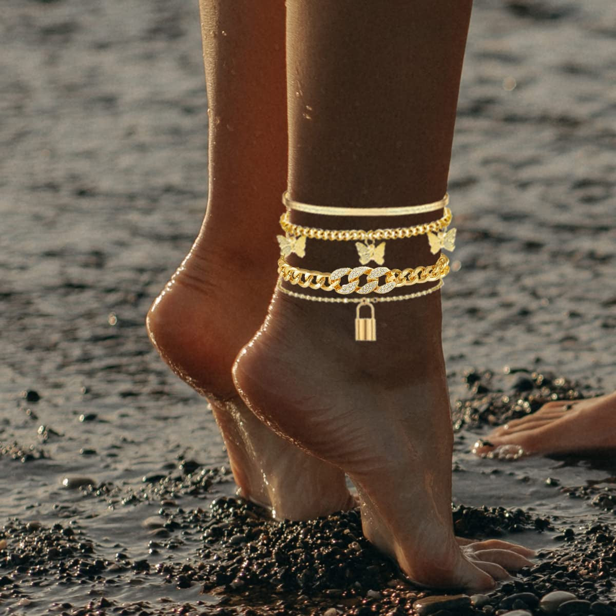 Ronglry 5Pcs Gold Ankle Bracelets for Women Girls Cuban Link Ankle Bracelet Cuban Chain Anklet Butterfly Anklet Set Rhinestone Tennis Anklet Adjustable Layered Link Anklets Summer Beach Gifts Apparel & Accessories > Jewelry > Anklets Ronglry