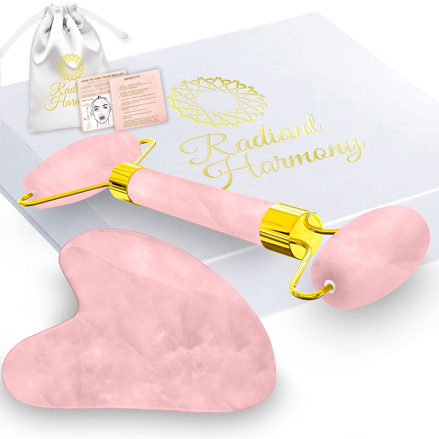 Radiant Harmony Gua Sha - Rose Quartz Gua Sha Facial Tools as Face Massager - Guasha Tool for Face Skin Care Tools - Easy to Use - Arrives in a Luxury Box & Bag with Guide - Gifts for Women Health & Beauty > Personal Care > Cosmetics > Cosmetic Tools > Skin Care Tools RADIANT HARMONY Rose Quartz Roller & Gua Sha