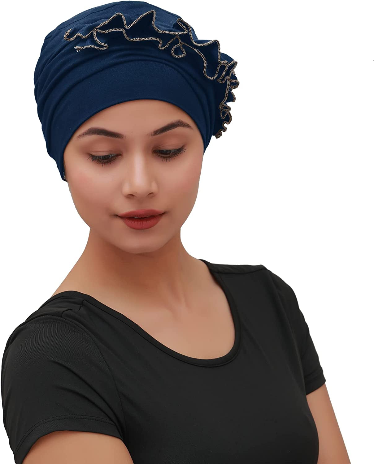 SAKUCHI Women Chemo 2 Piece Ruffle Cap & Band for Cancer Hair Loss Women Silky Soft Bamboo Headwear (2 Piece) Apparel & Accessories > Clothing Accessories > Headwear SAKUCHI Navy