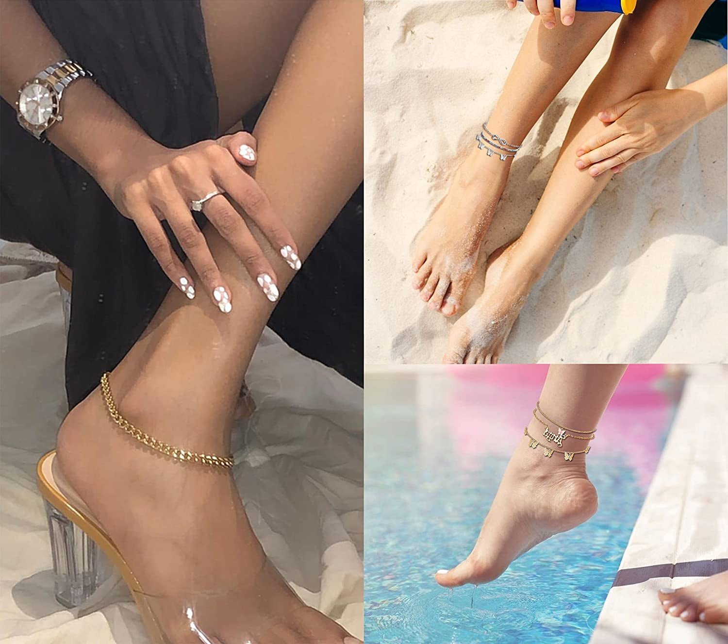LOLIAS 14Pcs Butterfly Anklets for Women Cute Rhinestone Tennis Ankle Bracelets Boho Summer Beach Layered Chain Anklet Foot Jewelry Apparel & Accessories > Jewelry > Anklets LOLIAS
