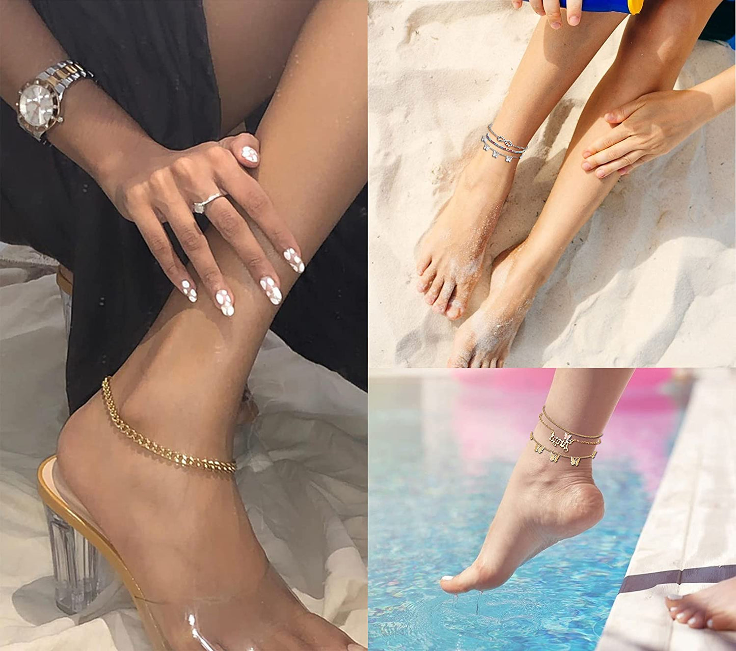 LOLIAS 14Pcs Butterfly Anklets for Women Cute Rhinestone Tennis Ankle Bracelets Boho Summer Beach Layered Chain Anklet Foot Jewelry Apparel & Accessories > Jewelry > Anklets LOLIAS