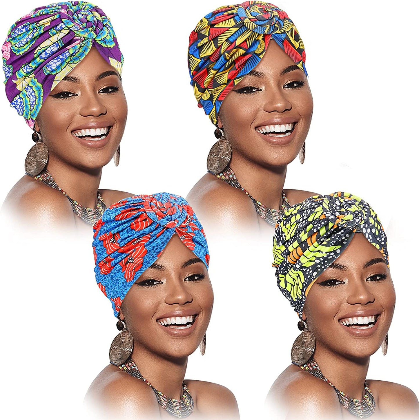 SATINIOR 4 Pieces African Pattern Headwrap Pre-Tied Bonnet Turban Knot Beanie Cap Headwrap Hat Apparel & Accessories > Clothing Accessories > Headwear SATINIOR Pumpkin Flower Style