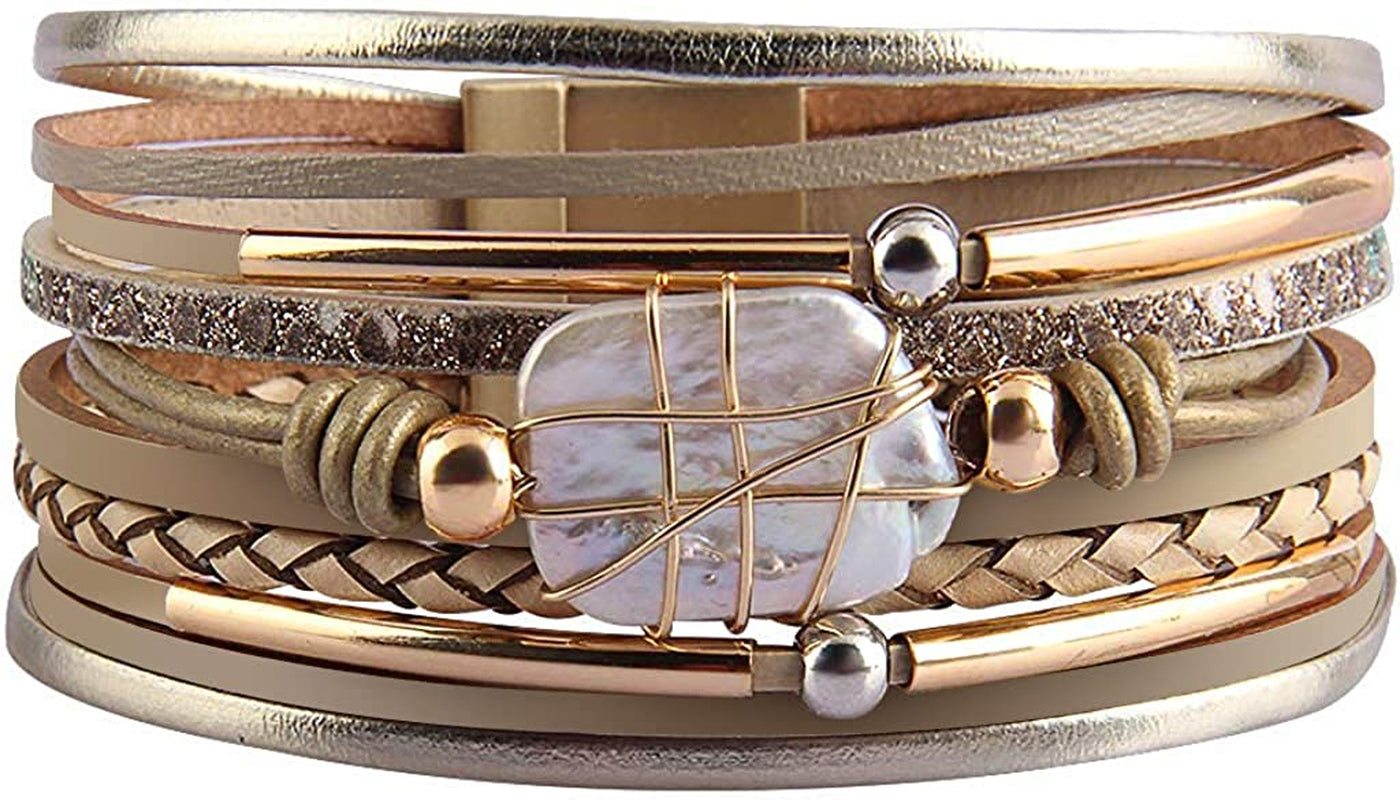 Fesciory Leather Wrap Bracelet for Women, Leopard Multi-Layer Magnetic Buckle Cuff Bracelet Jewelry Apparel & Accessories > Jewelry > Bracelets Fesciory A9-Gold Leather(Pearl)