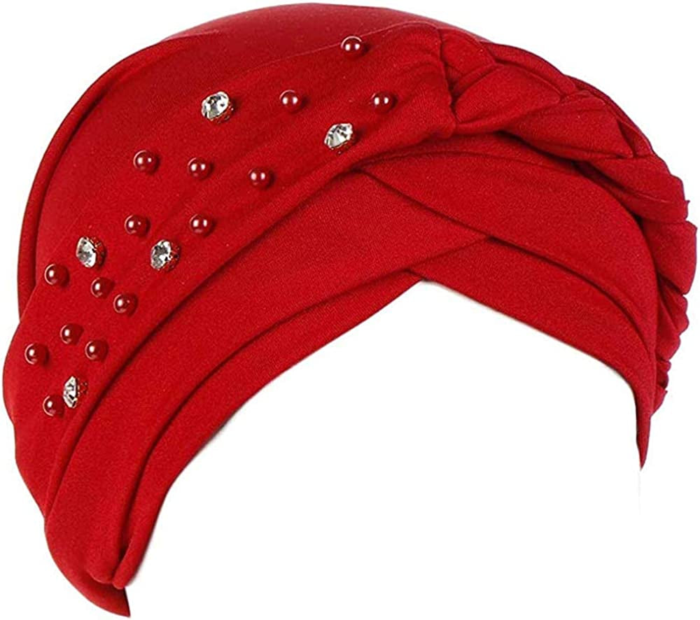 Women Girls Turban Hat, Rhinestone Pearl Braid Turban Head Wrap Baggy Slouchy Beanie Chemo Cap Headwear Hair Wrap Apparel & Accessories > Clothing Accessories > Headwear canjoyn Red