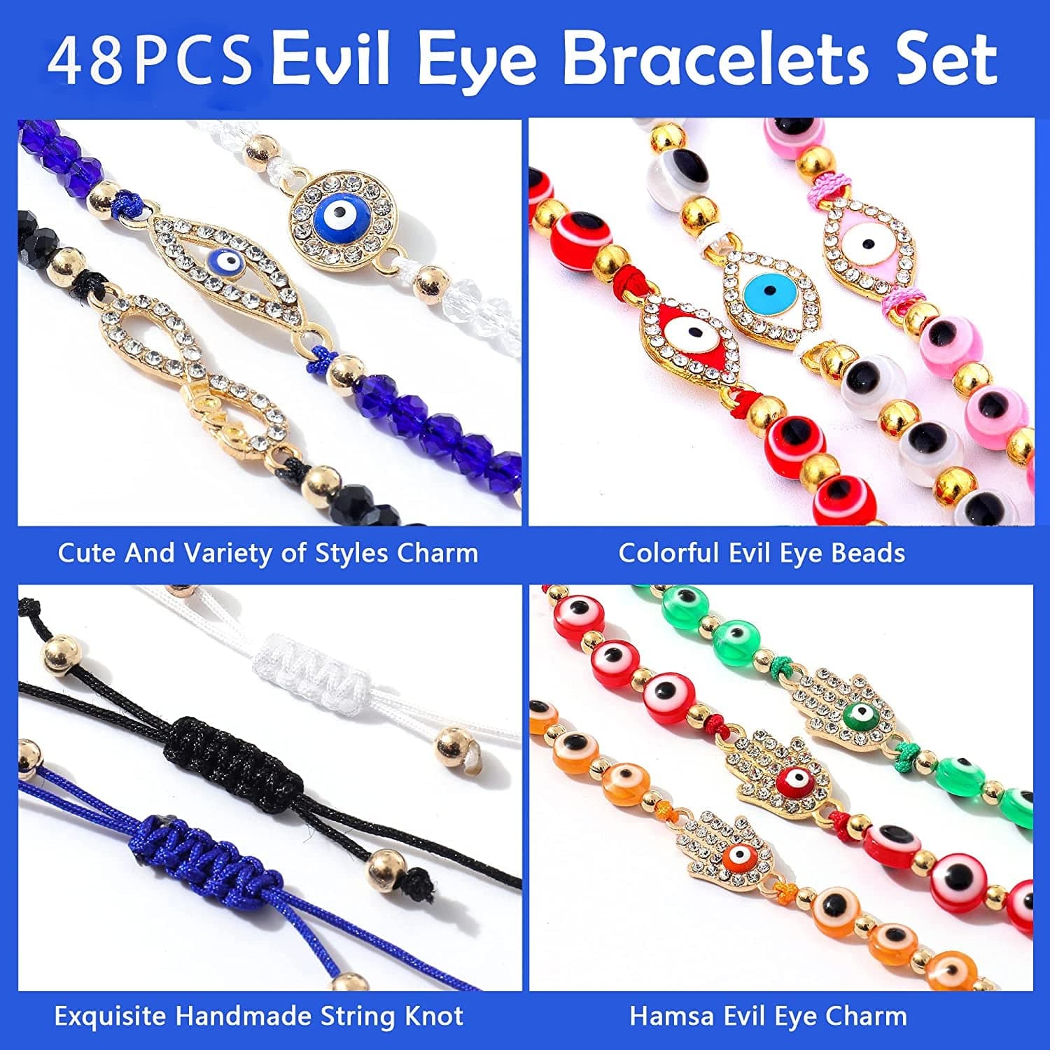 48 Pcs Evil Eye Bracelets Mexican Bracelets Hamsa Bracelet Set Protection Mal De Ojo Bracelets Gold Evil Eye Anklets Jewelry Gift for Women Girls Boys Apparel & Accessories > Jewelry > Anklets Bovemee