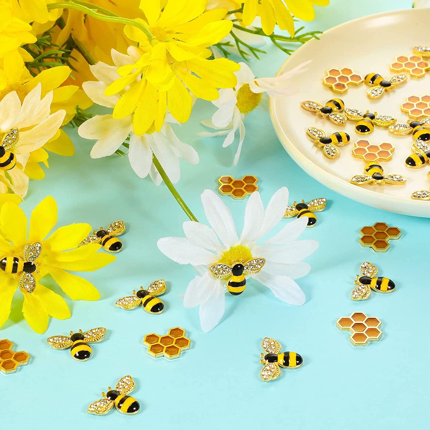 48 Pieces Enamel Bee Charms Set, Include 30 Pieces Rhinestone Jewelry Making Bee Pendant Charms and 18 Pieces Honeycomb Charms Pendants for Jewelry Making DIY Crafts