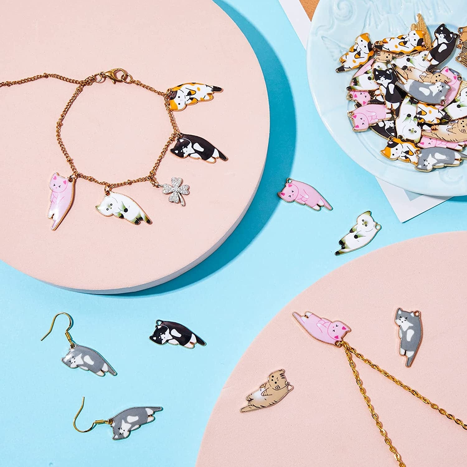 48 Pieces Enamel Cat Charms for Jewelry Making 6 Styles Cute Cat Charms Earring Necklace Bracelet Pendants Crafts