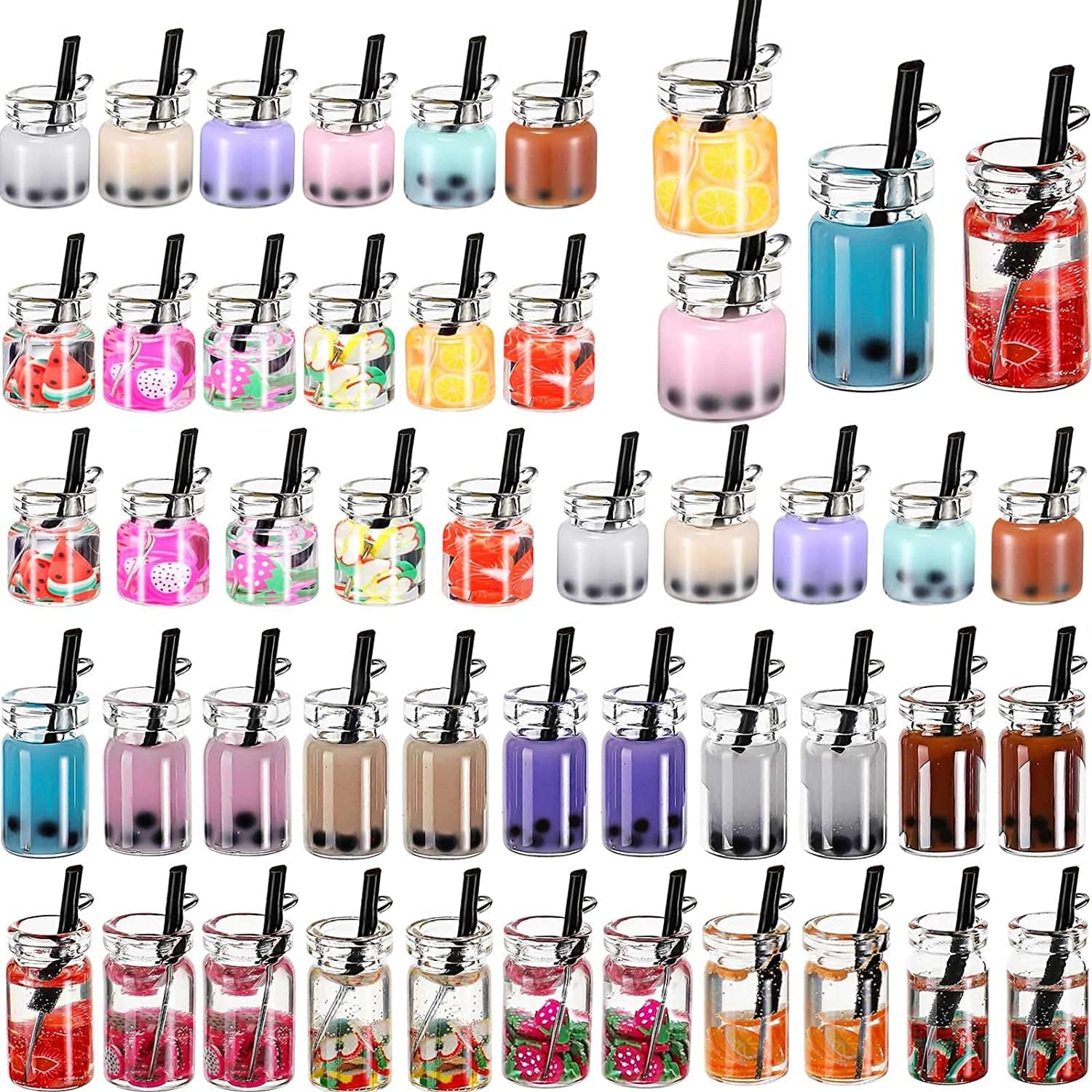 48 Pieces Milk Tea Charms Boba Charms Mini Bottle Charms Pendant for DIY Jewelry Craft Earring Keychain, 12 Styles (0.39 X 0.98 Inch) 0.43 x 0.55 Inch, 0.39 x 0.71 Inch