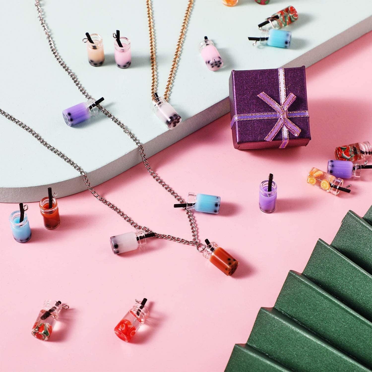 48 Pieces Milk Tea Charms Boba Charms Mini Bottle Charms Pendant for DIY Jewelry Craft Earring Keychain, 12 Styles (0.39 X 0.98 Inch)