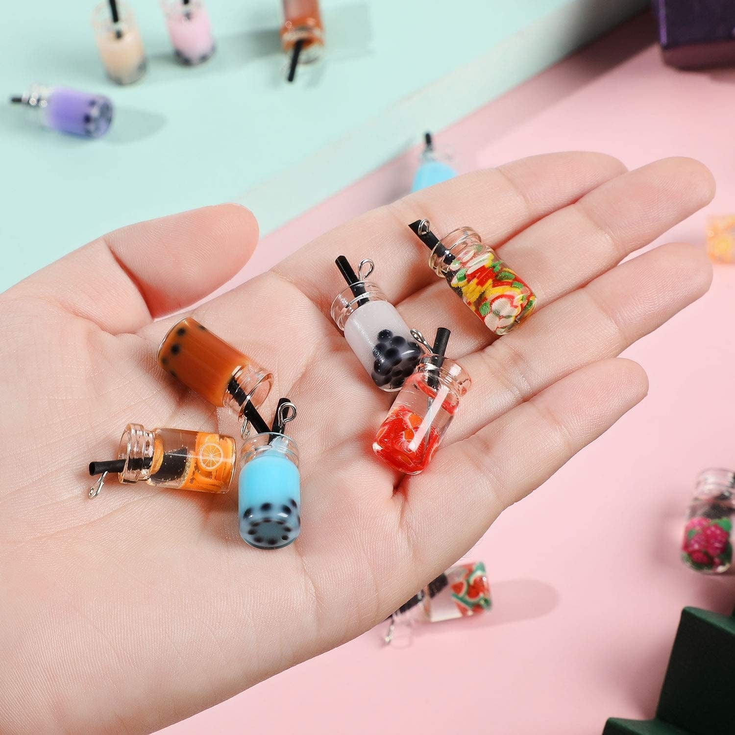 48 Pieces Milk Tea Charms Boba Charms Mini Bottle Charms Pendant for DIY Jewelry Craft Earring Keychain, 12 Styles (0.39 X 0.98 Inch)