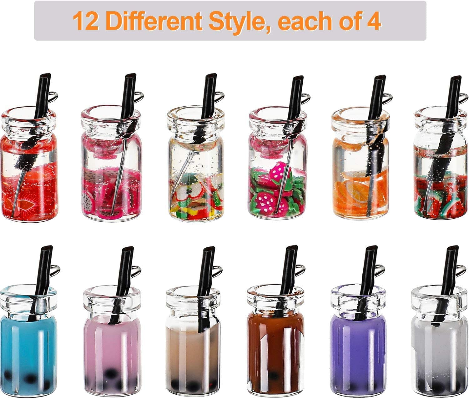 48 Pieces Milk Tea Charms Boba Charms Mini Bottle Charms Pendant for DIY Jewelry Craft Earring Keychain, 12 Styles (0.39 X 0.98 Inch)