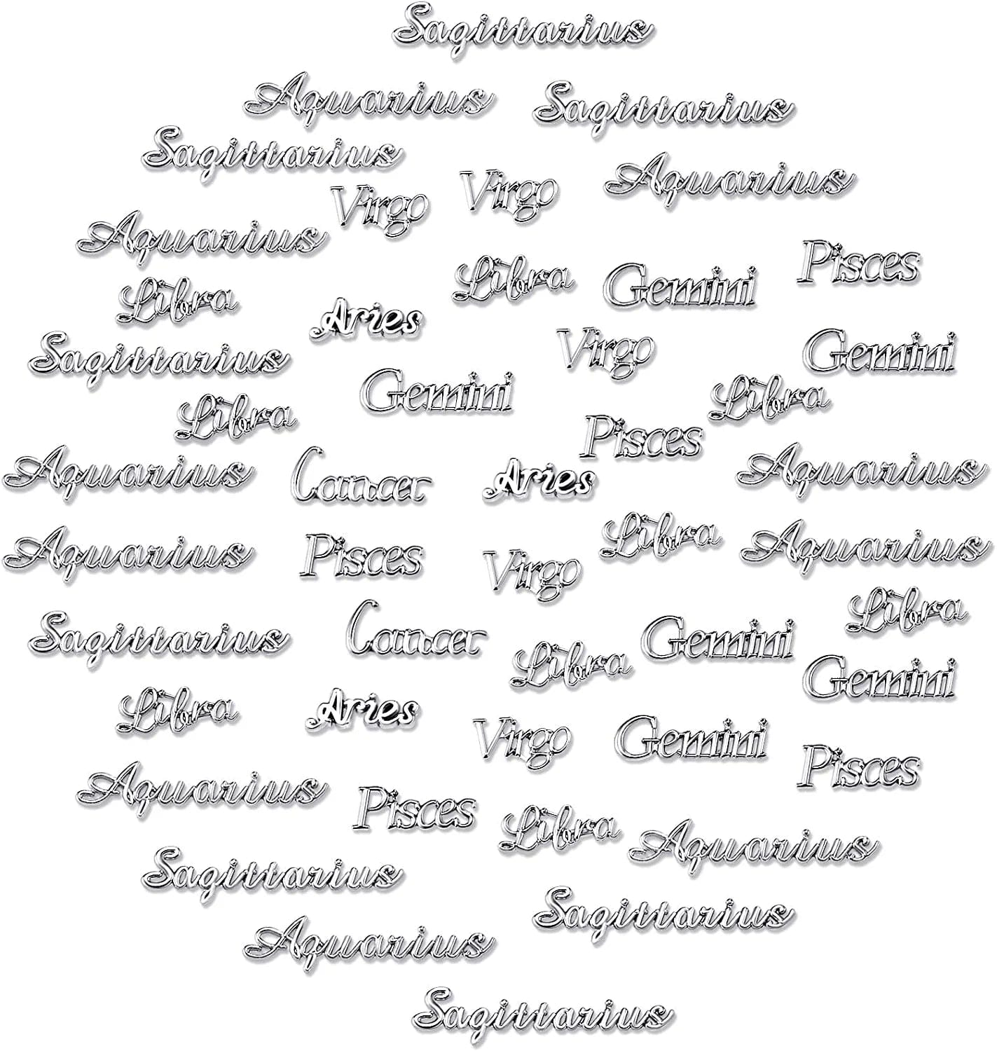 48 Pieces Zodiac Word Message Charm Pendant Twelve Constellation Charm Alloy Flatback Epoxy Resin Supplies Filling Charm DIY Embellishment Jewelry Making Accessory, 12 Styles Silver