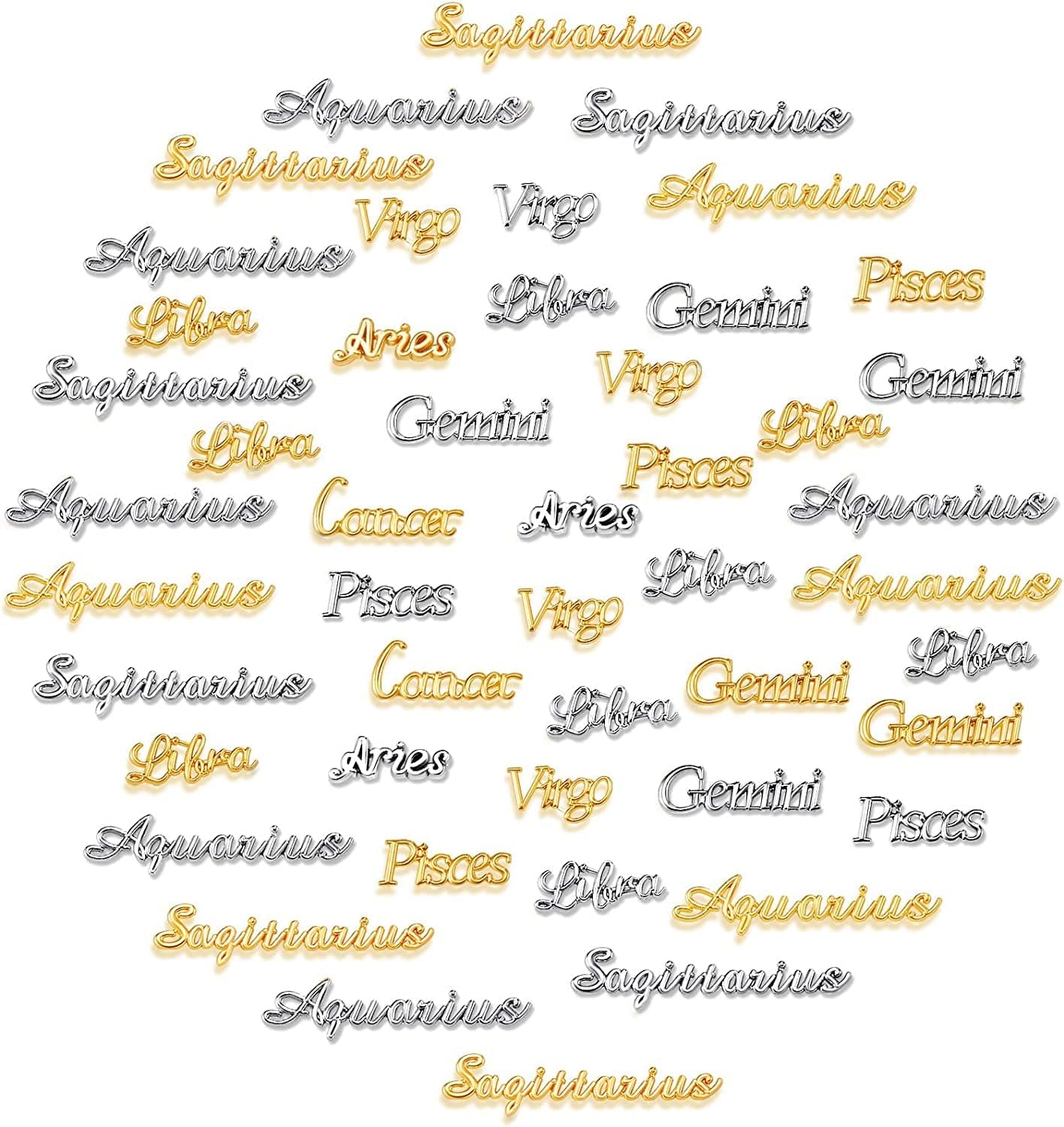 48 Pieces Zodiac Word Message Charm Pendant Twelve Constellation Charm Alloy Flatback Epoxy Resin Supplies Filling Charm DIY Embellishment Jewelry Making Accessory, 12 Styles Silver, Gold