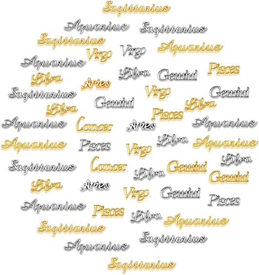 48 Pieces Zodiac Word Message Charm Pendant Twelve Constellation Charm Alloy Flatback Epoxy Resin Supplies Filling Charm DIY Embellishment Jewelry Making Accessory, 12 Styles Silver, Gold