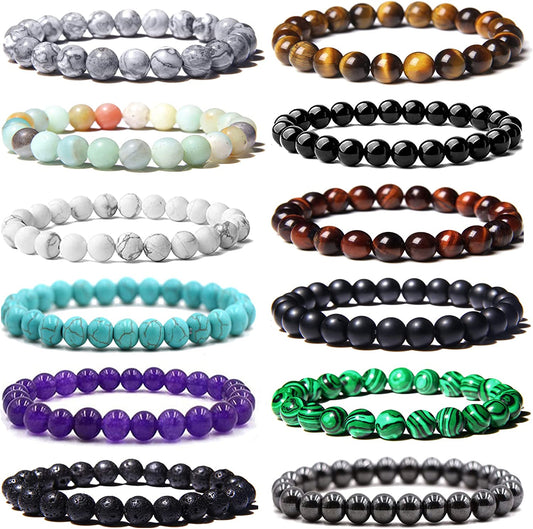 JEWPARK 12PCS 8Mm Semi-Precious Gemstone Bracelet Set Healing Crystal Stone Stretch Bracelets for Men Women round Beaded Elastic Bracelets Apparel & Accessories > Jewelry > Bracelets JEWPARK