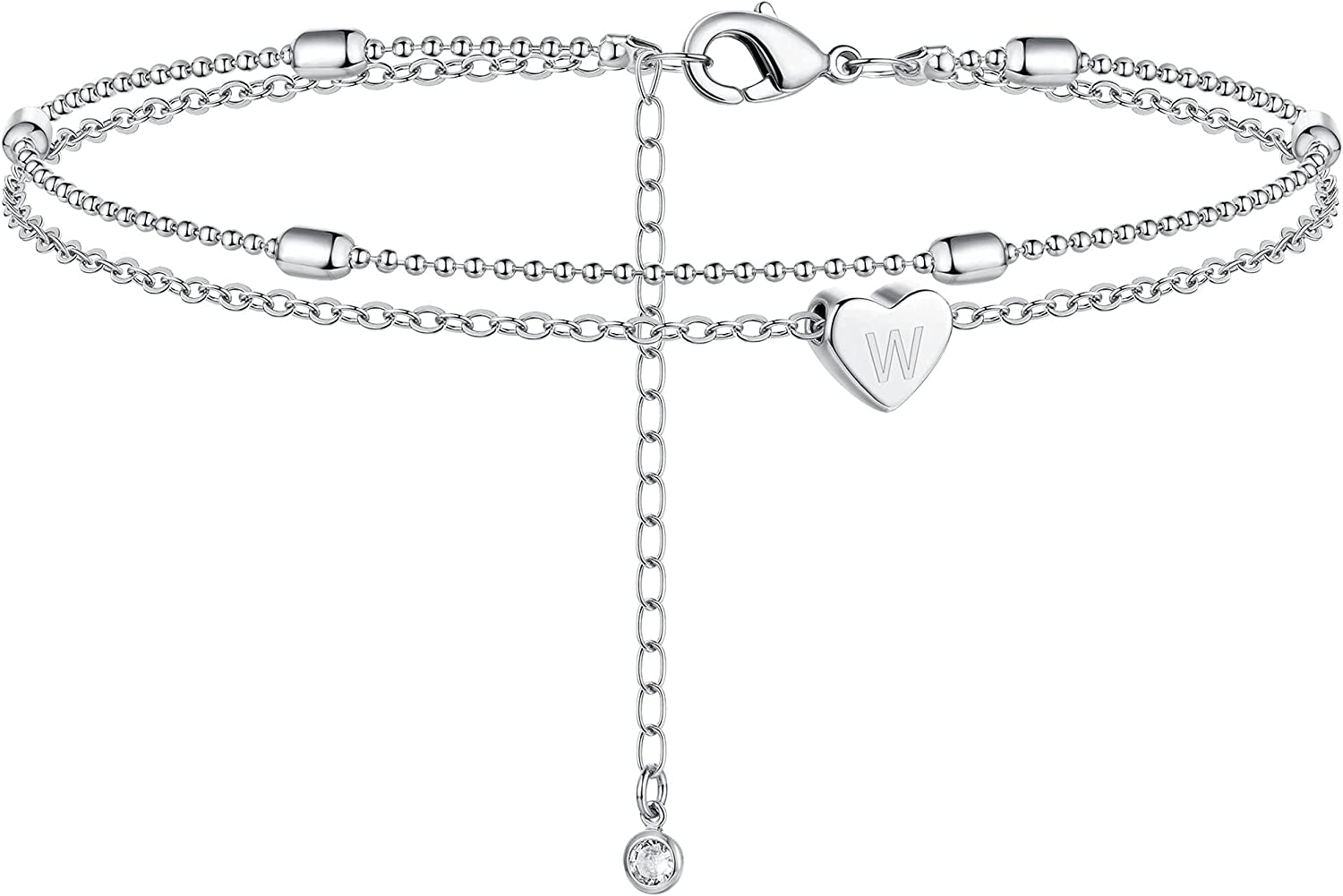 Moodear Silver Ankle Bracelets for Women, Sterling Silver Initial Anklet Layered Dainty Tiny Heart Charm Handmade Carved Alphabet A-Z Letter Ankle Bracelet Beaded Foot Chain Personalized Name Anklets Summer Cute Boho Beach Gift for Her Apparel & Accessories > Jewelry > Anklets Moodear Sterling Silver-W
