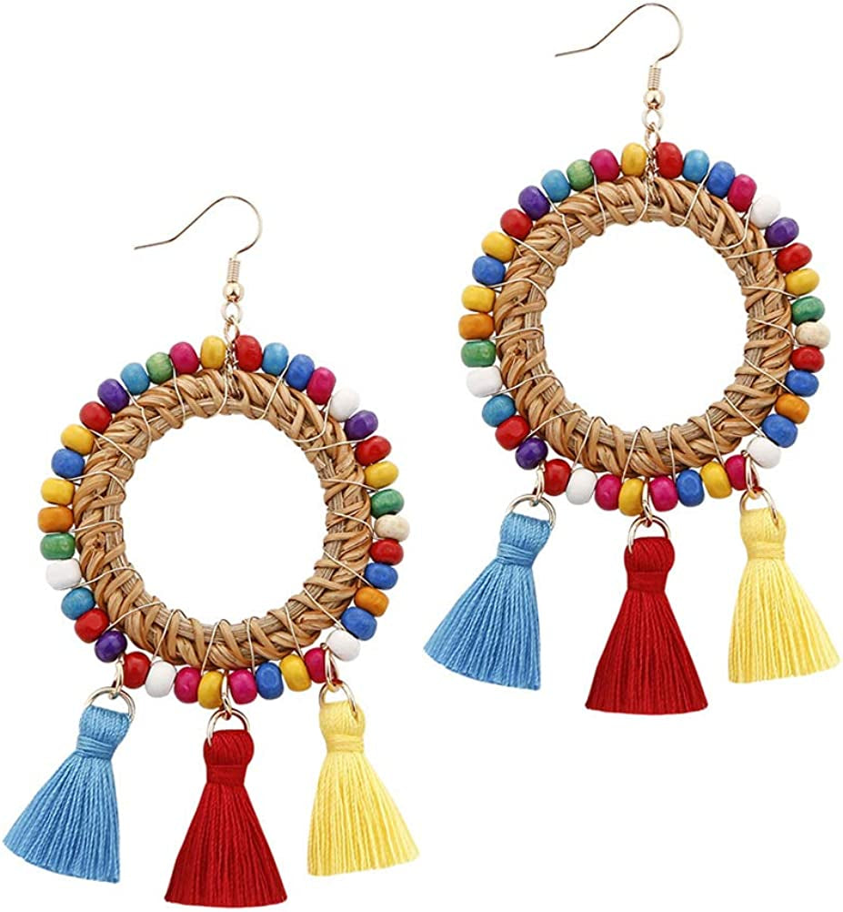 Bohemian Rattan Wooden Beads Fish Hook Circle/Teardrop Earrings Dangle Drop Jewelry for Women Girls Apparel & Accessories > Jewelry > Earrings VEETOO Round Colorful
