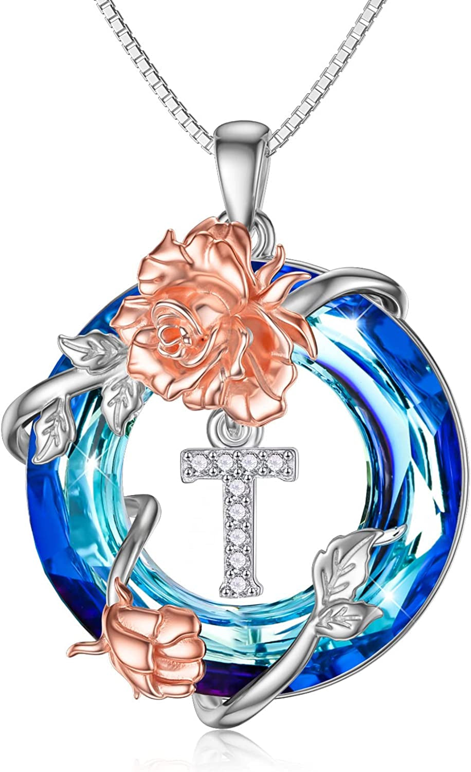 TOUPOP Christmas Gifts for Women 925 Sterling Silver Rose Necklaces A-Z Initial Letter Rose Flower Pendant Necklace with Circle Crystal Jewelry Birthday Valentine'S Day Gifts for Women Her Mom Wife Girlfriend Girls Apparel & Accessories > Jewelry > Necklaces TOUPOP T
