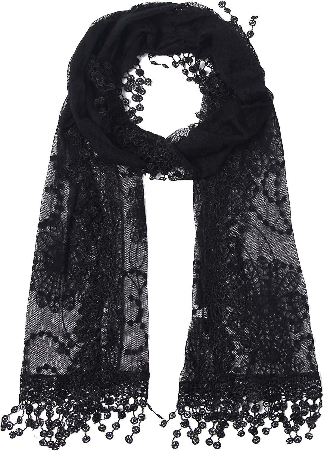 Cindy and Wendy Lightweight Soft Leaf Lace Fringes Scarf Shawl for Women Apparel & Accessories > Clothing Accessories > Scarves & Shawls Cindy and Wendy Tyh-black