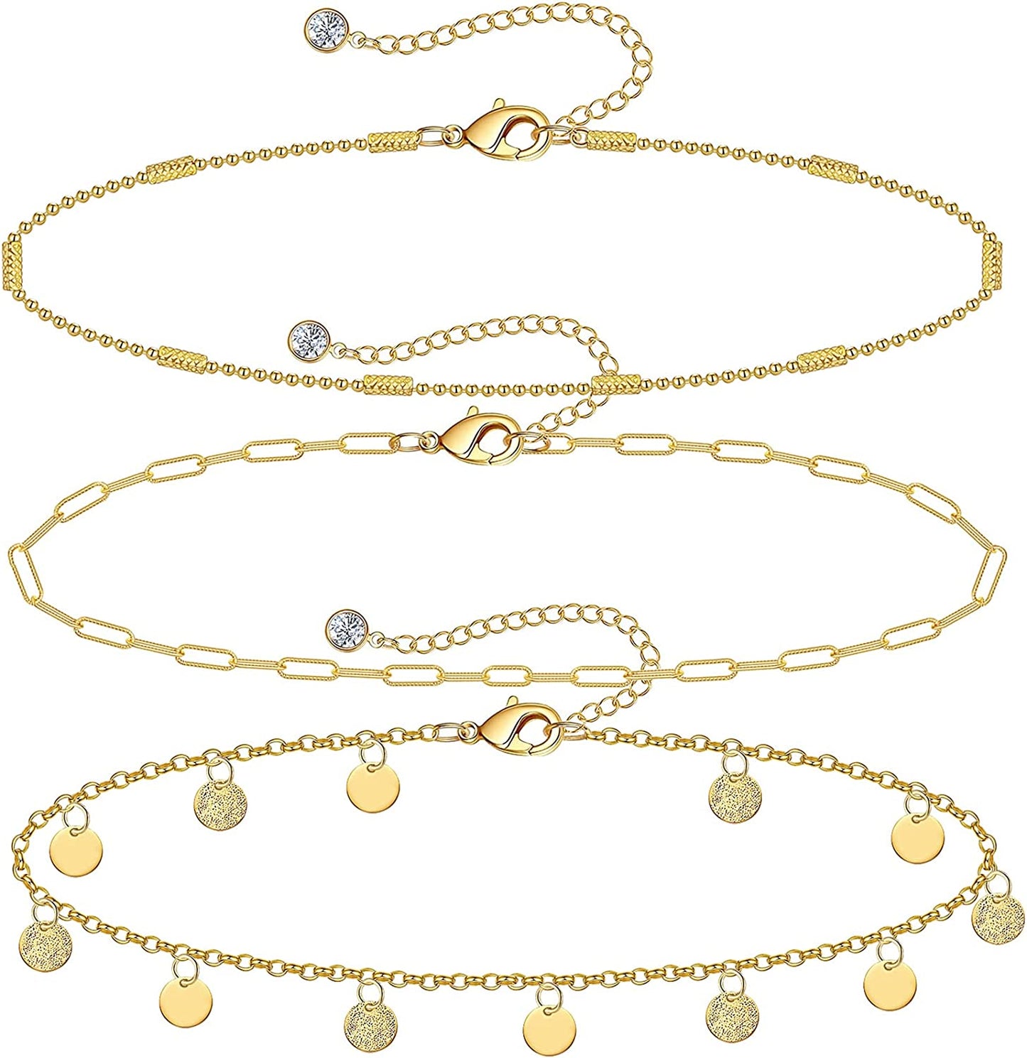 Gold Ankle Bracelets for Women 14K Gold Plated Anklet Silver Tennis Butterfly Star Coin Quartz Bead Snake Paperclip Chain Dainty Layered Anklet Set 3Pcs Jewelry Gifts for Teen Girls Apparel & Accessories > Jewelry > Anklets Vermeyen E-Yellow Gold-Coin