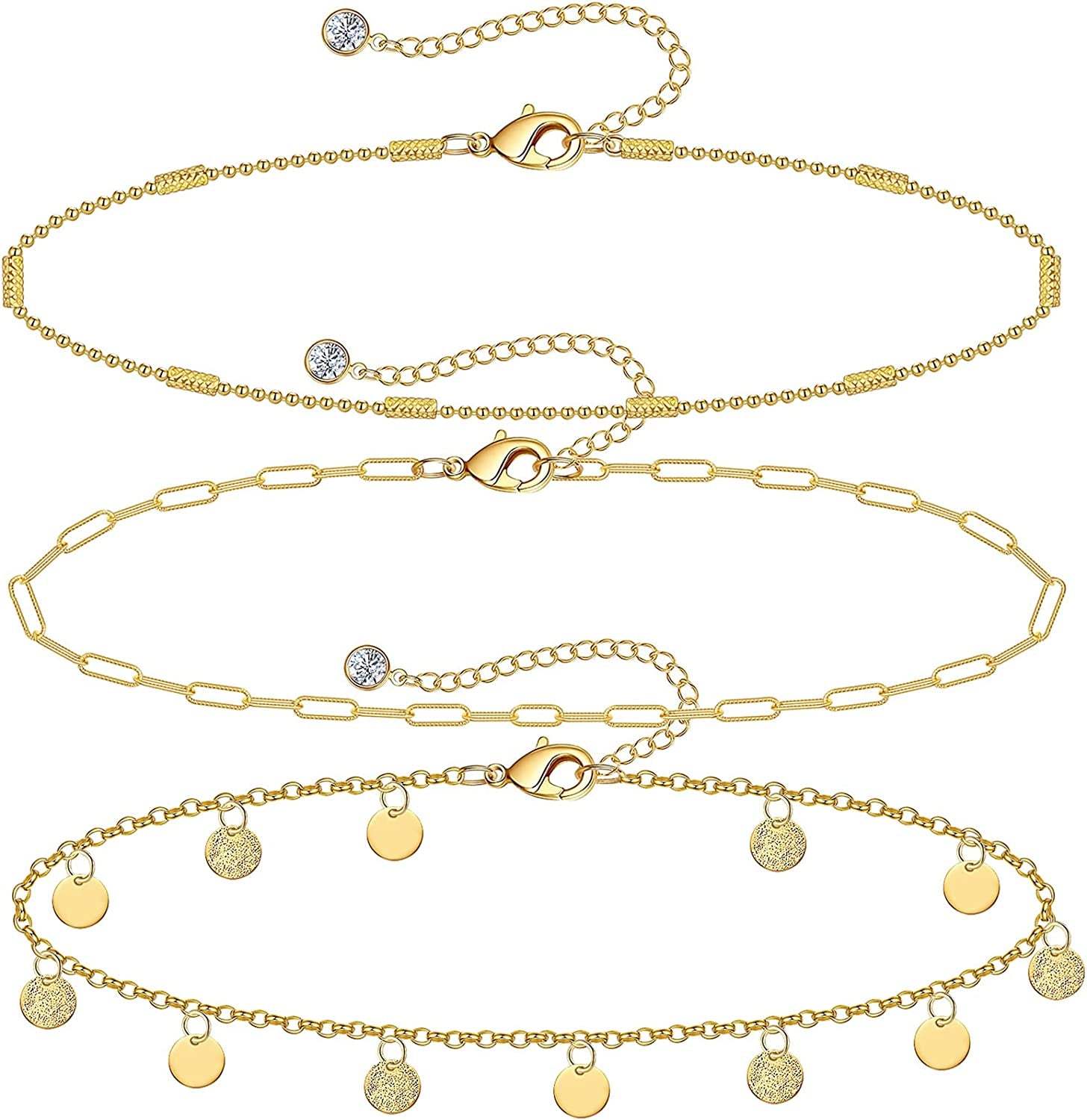 Gold Ankle Bracelets for Women 14K Gold Plated Anklet Silver Tennis Butterfly Star Coin Quartz Bead Snake Paperclip Chain Dainty Layered Anklet Set 3Pcs Jewelry Gifts for Teen Girls Apparel & Accessories > Jewelry > Anklets Vermeyen E-Yellow Gold-Coin