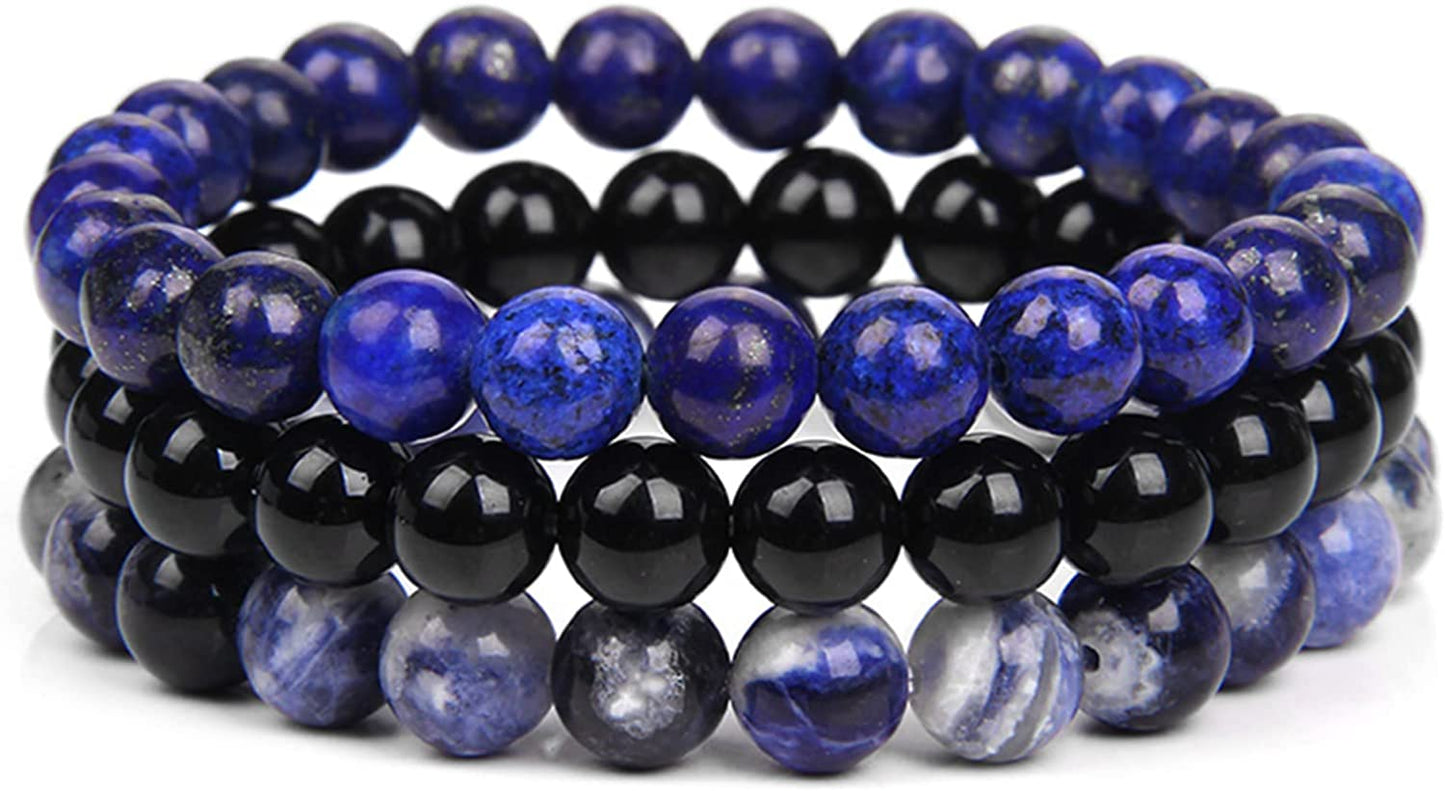 SONNYX 3Pcs 8Mm Semi-Precious Gemstones Beaded Bracelets for Women Men Healing Crystal Stone Bracelet Stretch round Beaded Elastic Bracelets Unisex Jewelry Gifts Apparel & Accessories > Jewelry > Bracelets SONNYX Blue