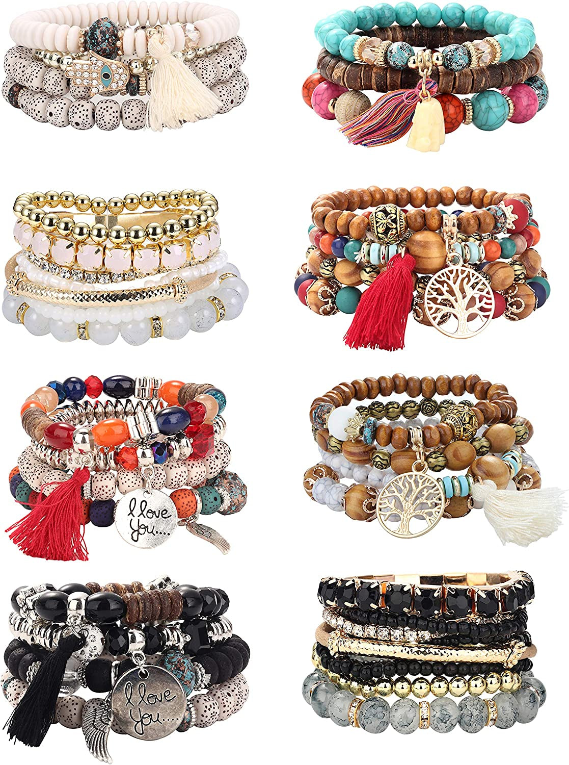 LOYALLOOK 8 Sets Bohemian Stretch Wood Beaded Bracelets for Women Boho Tassel Bracelet Set Bead Strand Bangle Charm Multilayer Stackable Bracelets Apparel & Accessories > Jewelry > Bracelets LOYALLOOK