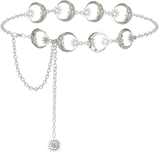 Honsny Chain Belt for Women Gold Sliver Moon Star Metal Waist Chain Belt Sun Pendant Belly Body Chains Jewelry Apparel & Accessories > Jewelry > Body Jewelry Honsny A:Silver 43.3 Inches