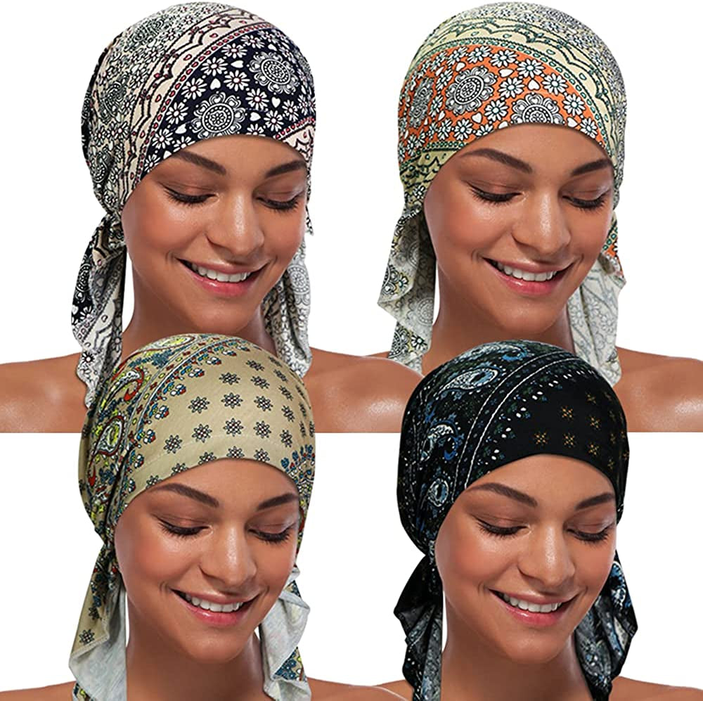 ASHILISIA 4 Pieces Women Chemo Hat Turban Beanie, Pre-Tied Headwraps Headwear Bandana for Hair Loss Apparel & Accessories > Clothing Accessories > Headwear ASHILISIA Ccily-c-3