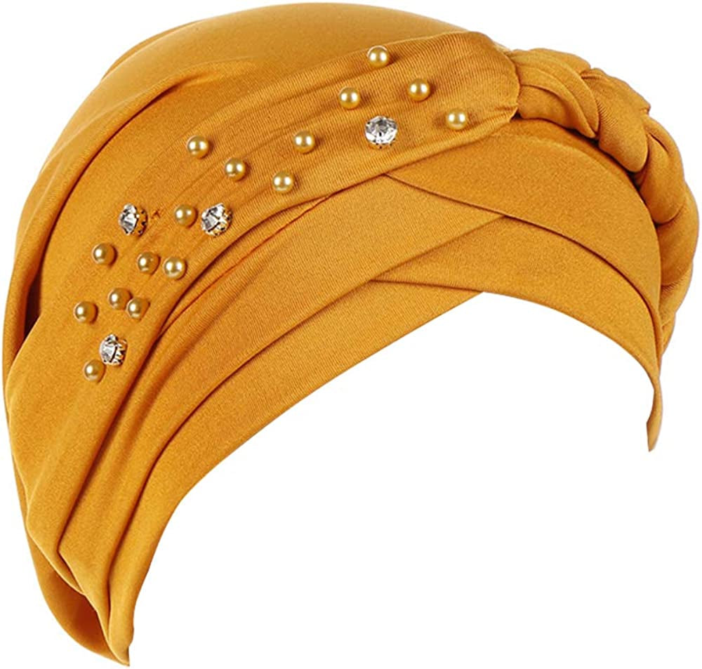 Beauty YFJH Women Hijab Beading Pre-Tied Twisted Braid Turban Hat Head Scarf Cancer Chemo Beanies Headwear Headwrap Cap Apparel & Accessories > Clothing Accessories > Headwear beauty YFJH Yellow