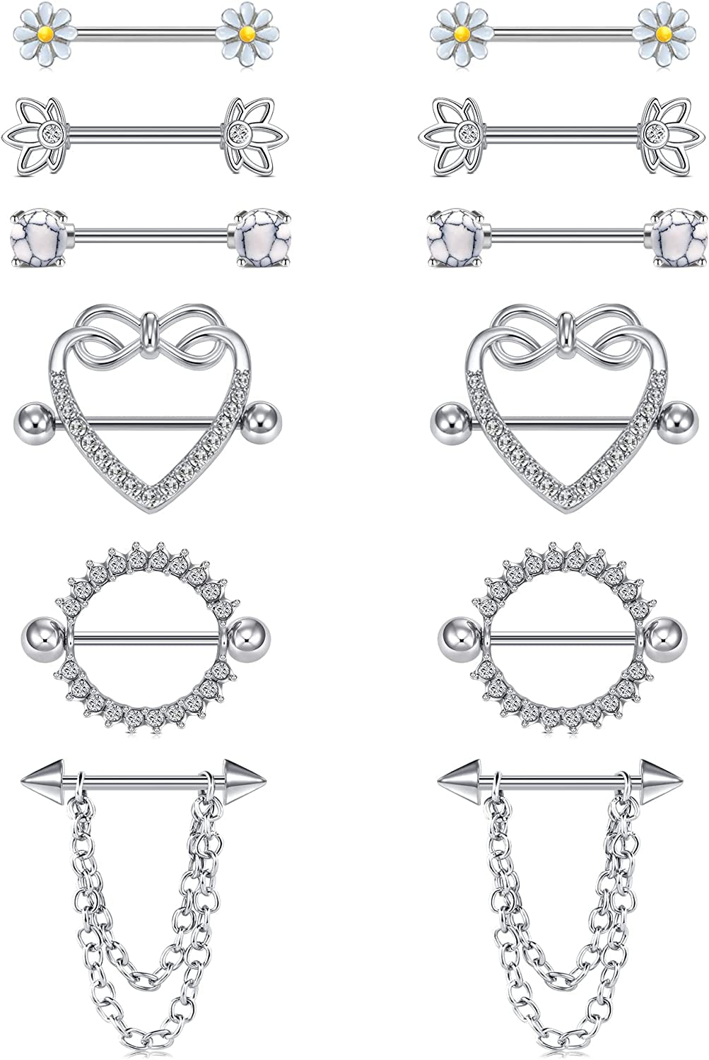 TOKRING 14G 14Mm 16Mm Nipple Rings Surgical Steel Nipple Barbell Nipple Piercing Jewelry for Women Girls Apparel & Accessories > Jewelry > Body Jewelry TOKRING Style C: 16mm silver