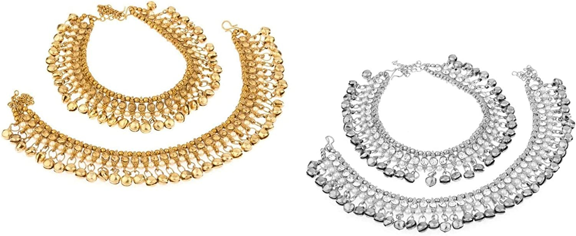 Efulgenz Indian Bollywood Faux Kundan Pearl Wedding Bridal Anklet Pair with Bells (2 Piece) Bracelet Payal Foot Jewelry Apparel & Accessories > Jewelry > Anklets Jaipur Art Jewellery Multipack of 2 (Gold, Silver)