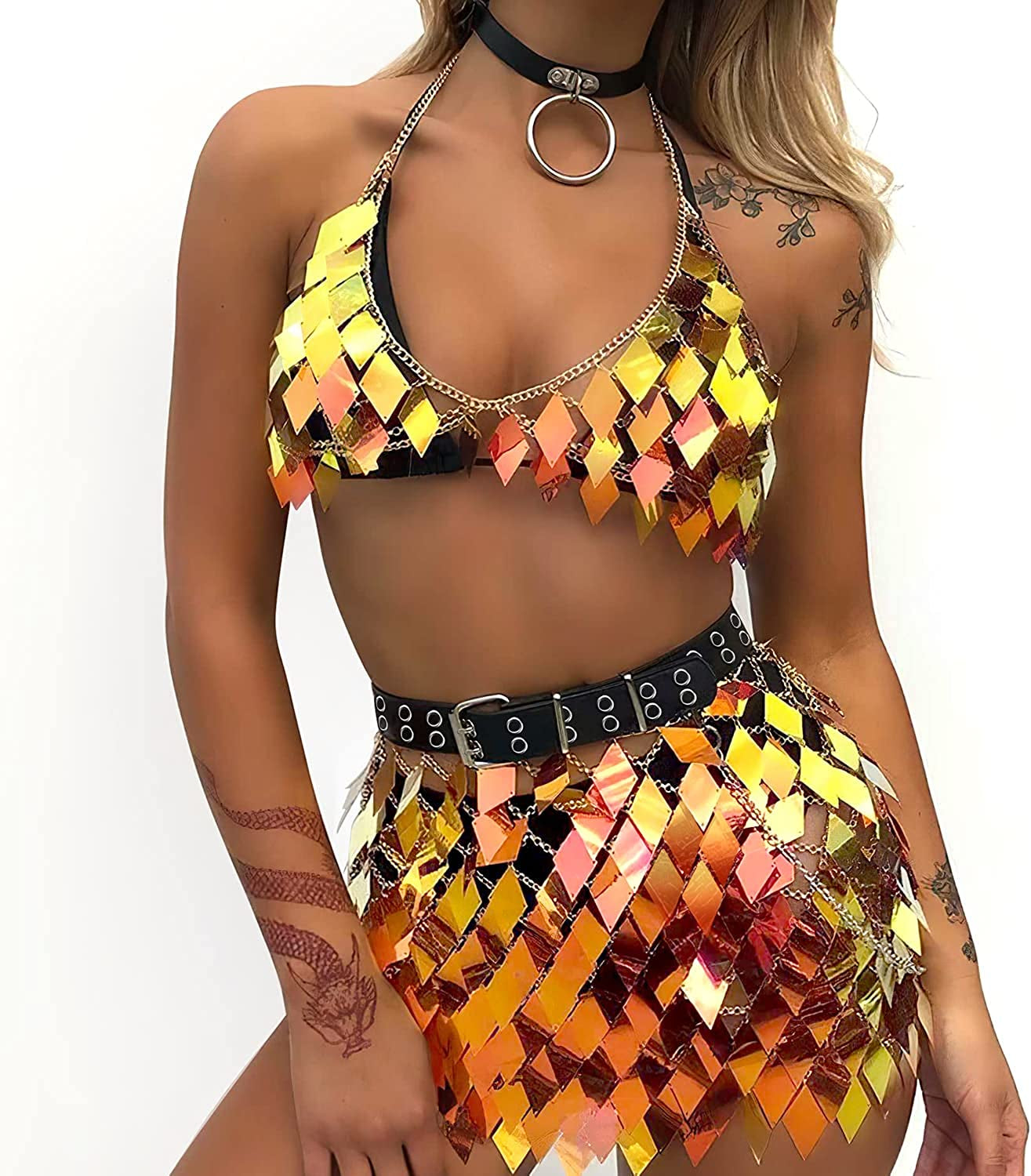 Sequins Tassels Body Chain Gold Bra Skirts Set Sexy Bikini Rave Festival Party Beach Fashion Accessories Jewelry for Women and Girls Apparel & Accessories > Jewelry > Body Jewelry DOTASI